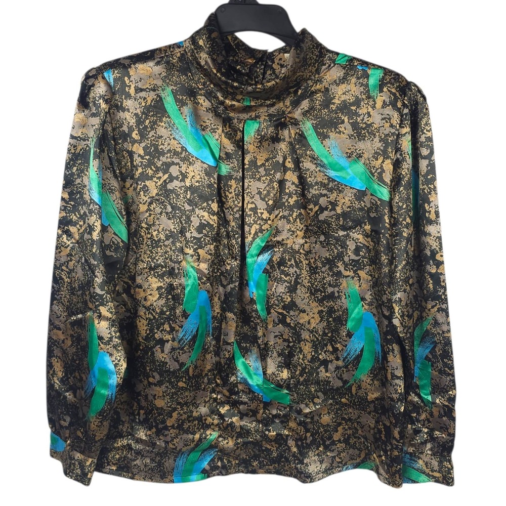 VTG AK Collectible Satin Blouse 16 Abstract Art Pleated High Neck Shirt 90s